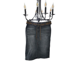 Women's River Island Blue Denim Pencil Skirt with Brown Belt Size 10 Y2K Vintage